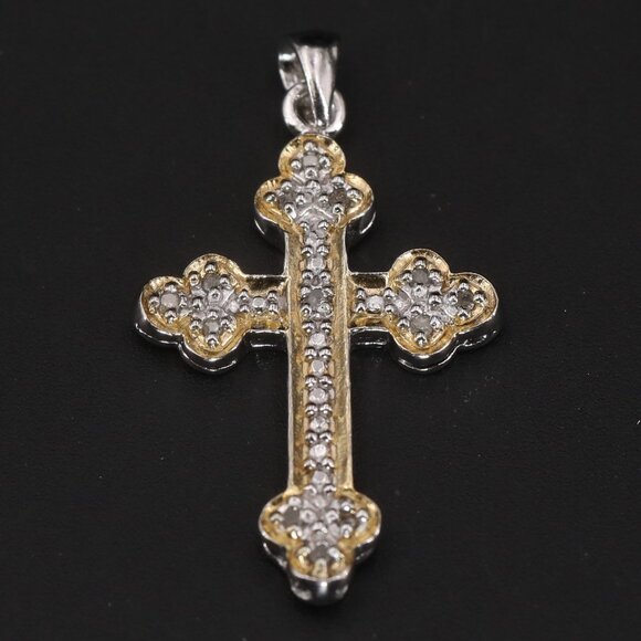 Real Diamonds Cross Pendant Sterling Silver & Gold Blachian Antik Schmuck BAS - Picture 1 of 11
